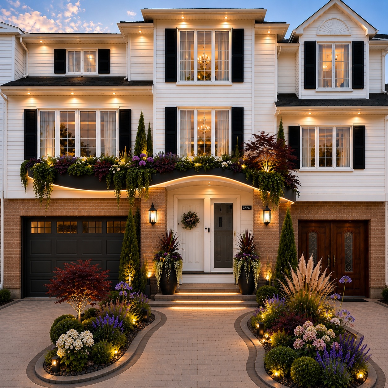 Elegant residential facade with illuminated floral landscaping and balcony greenery