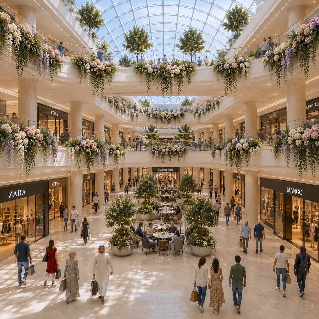 Shopping mall balconies decorated with floral garlands and greenery