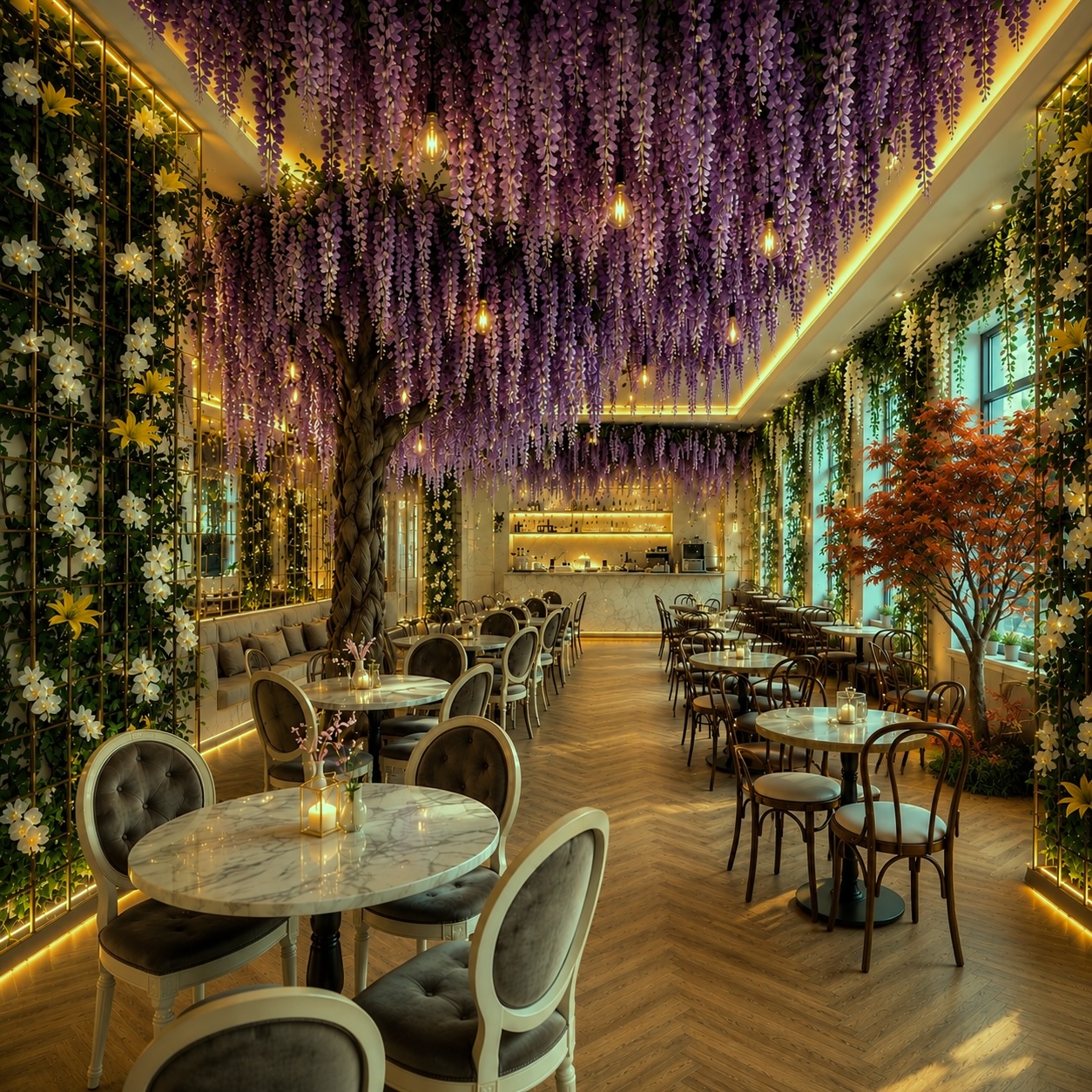 Cafe interior with purple floral ceiling and warm botanical lighting