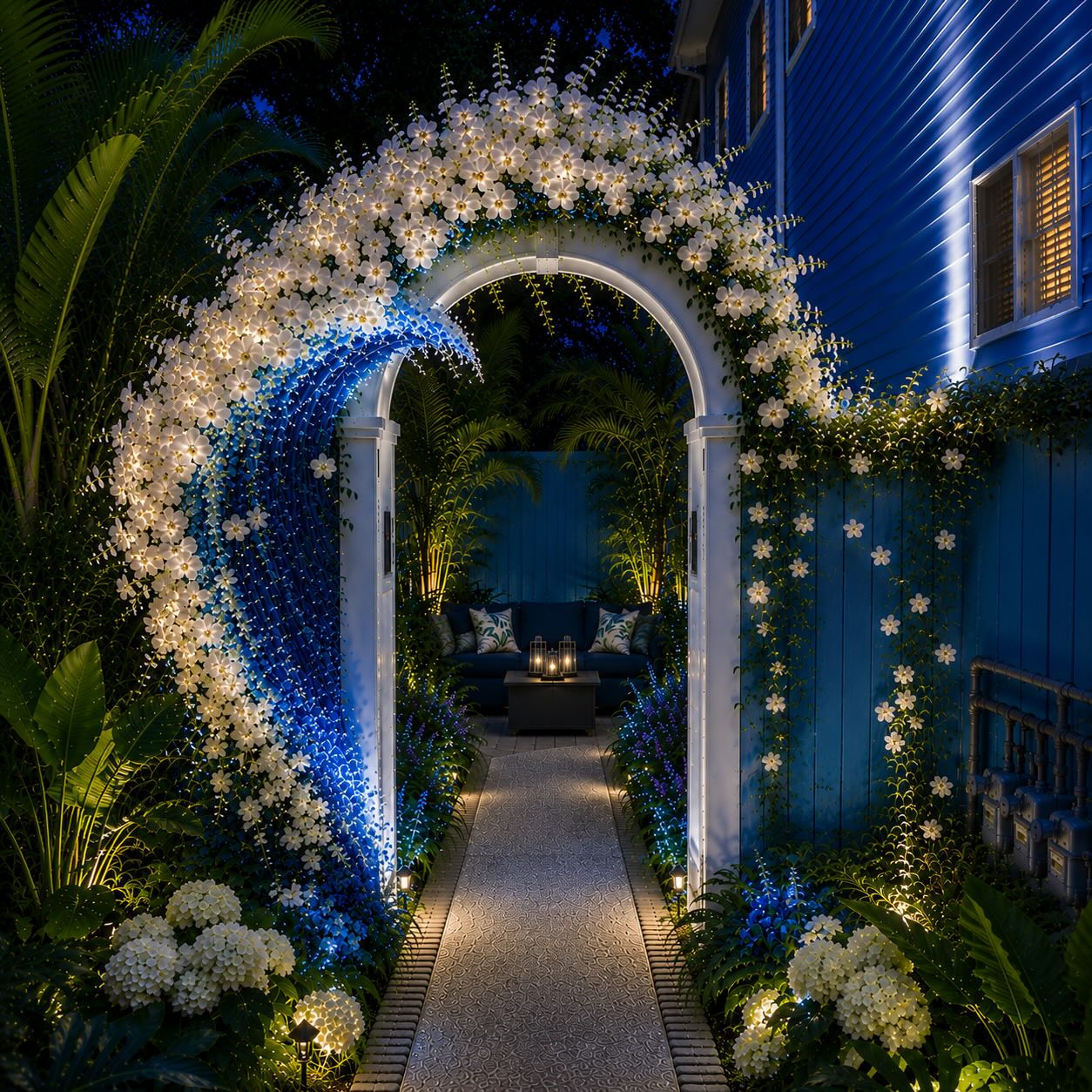 Night garden entrance with illuminated white floral arch and blue facade lighting