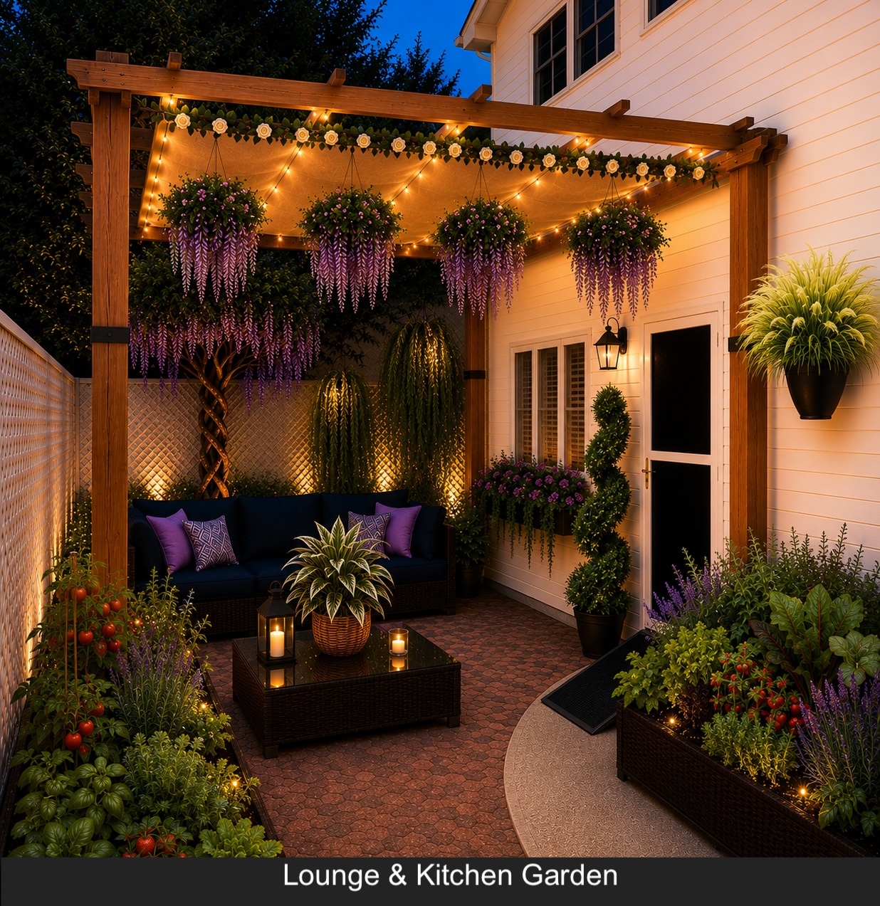 Evening patio garden with pergola lights, hanging florals, and lush planters